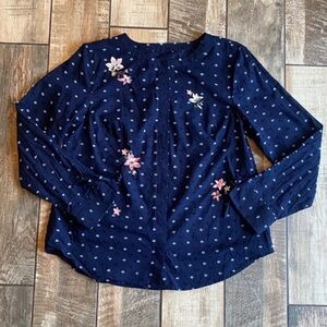 Christopher & Banks Dark Blue Floral Embroidered button down top